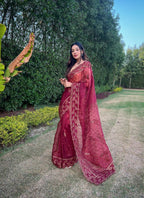 Vamsee Aaisa Maroon Organza Saree | Grocsy