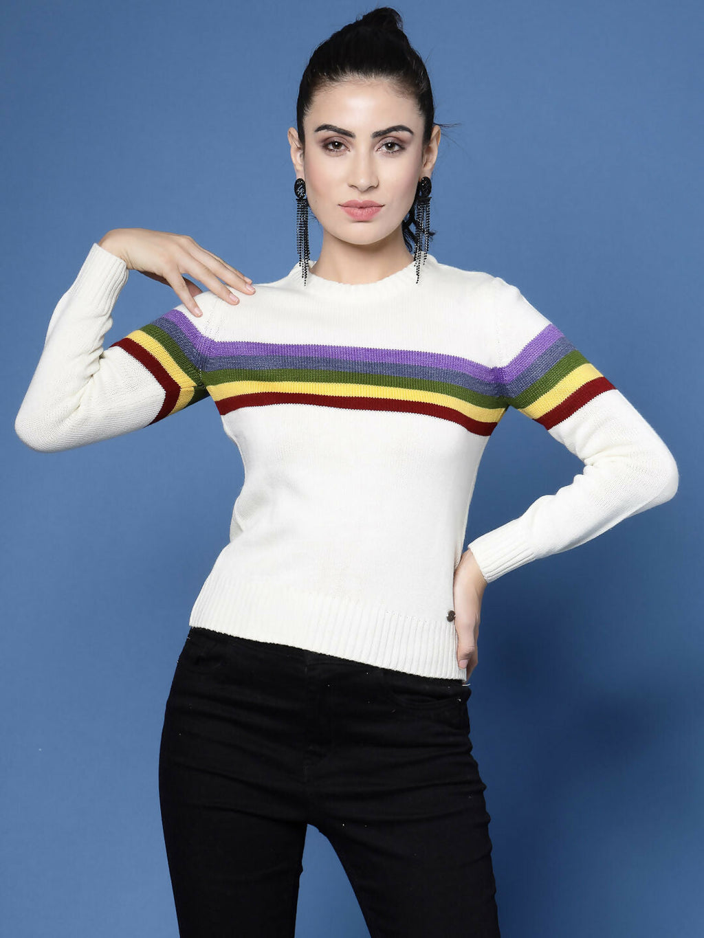 Women Winter White Acrylic Sweater - Wool Trees | Grocsy