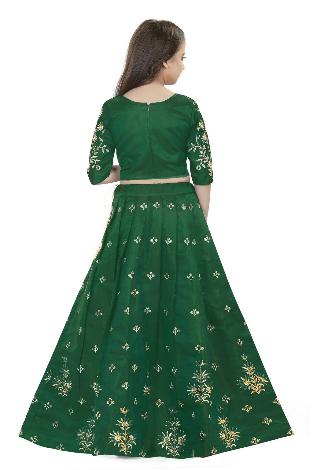 Dwiden Green Rohini Tafetta Sattin Semi-Stitched Girl's Lehenga Choli | Grocsy