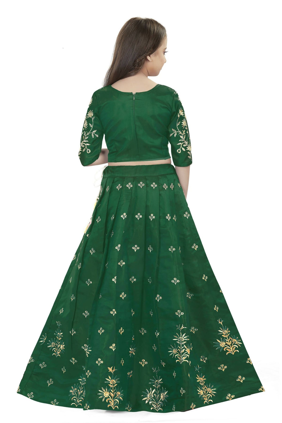 Dwiden Green Rohini Tafetta Sattin Semi-Stitched Girl's Lehenga Choli | Grocsy