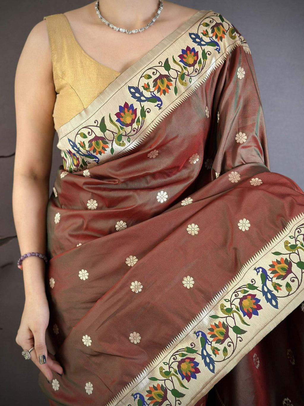 Prime Volt Premium Soft Silk Mayur Paithani Saree with Peacock Meena Weaving & Rich Pallu-Brown | Grocsy