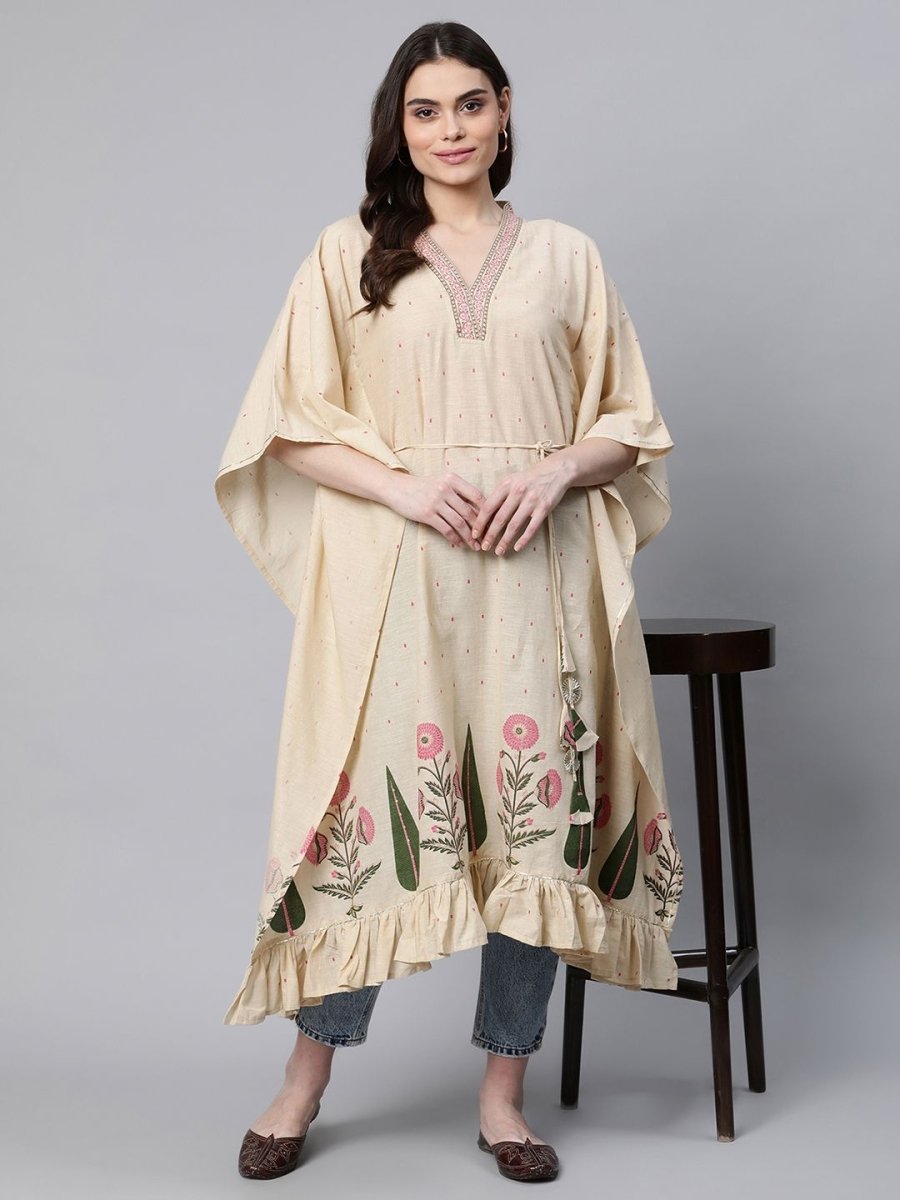Ahalyaa Women Beige Pure Cotton Floral Printed Kaftan Kurta | Grocsy