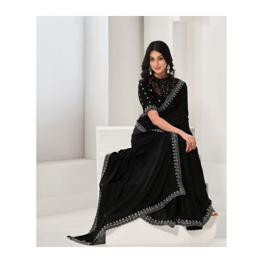 Black Crepe Satin Silk Sequence & Handwork Saree with Unstitched Blouse - Norita Saanjh | Grocsy