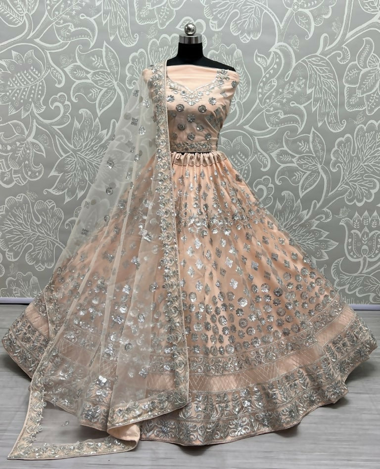 Jyoti Fashion Women's Peach Bridal Net Zari with Thread Embroidered Wedding Lehenga Choli | Grocsy