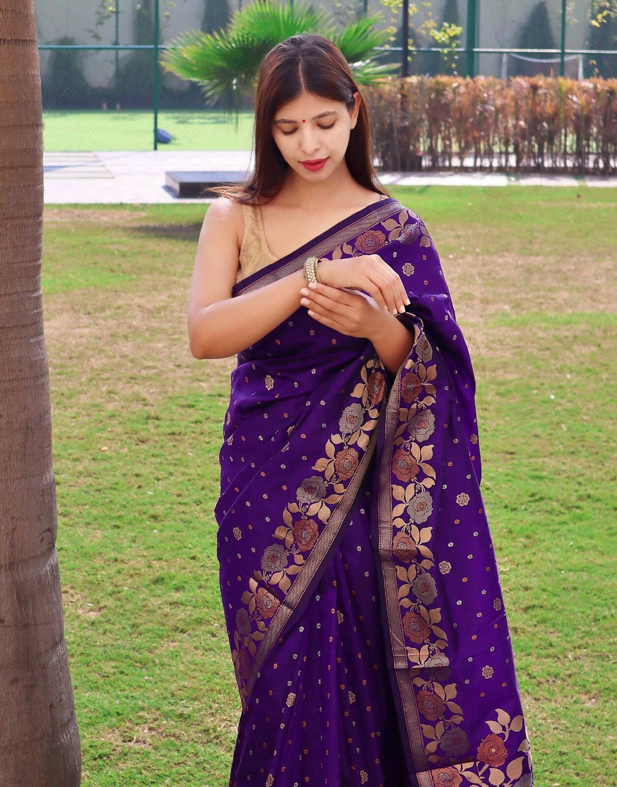DEIANA'S Beautiful Designer Golden zari Soft Lichi Silk Saree - Purple | Grocsy