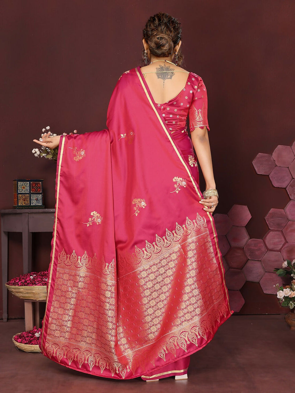 Joban Fashion Pink Floral Banarasi Silk Sarees | Grocsy