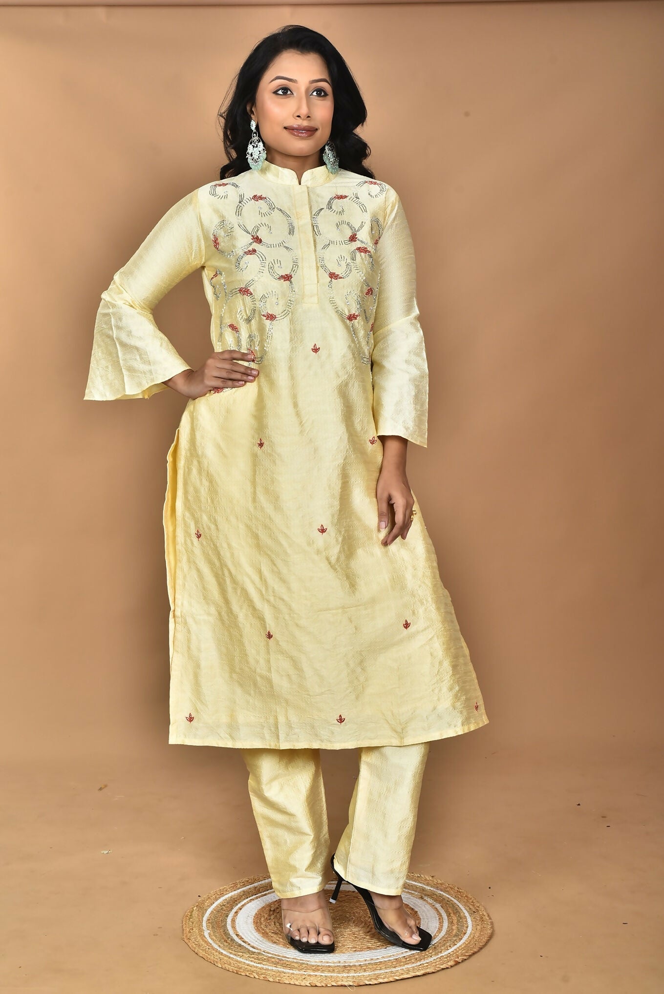 Morchari Women And Hand Embroidery Co-Ord Set-Lemon- Yellow | Grocsy