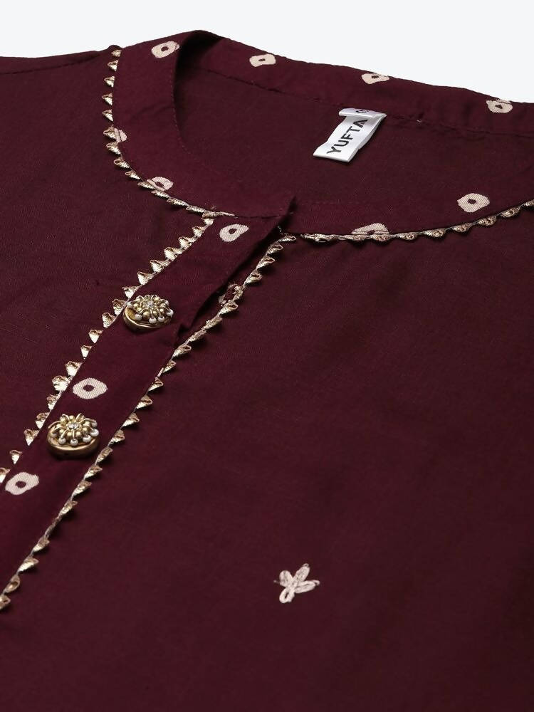 Yufta Women Maroon Ethnic Motifs Embroidered Kurta | Grocsy