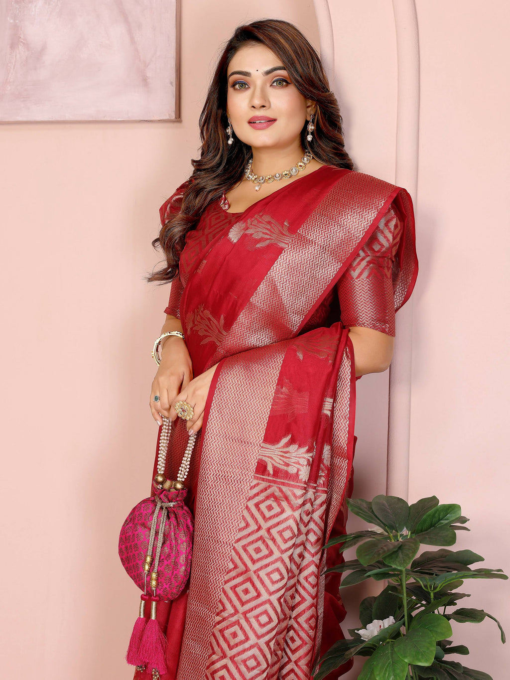 Aastha Fashion Red Soft Organza Silk Weaving Saree | Grocsy