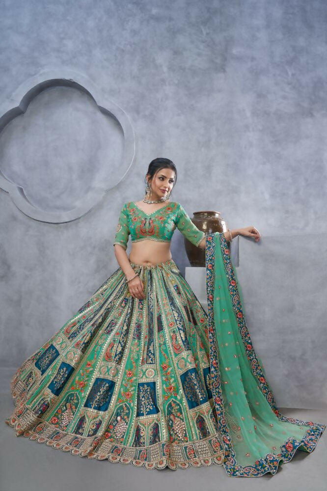 Kesar Fab Green Organza Embroidered Lehenga | Grocsy