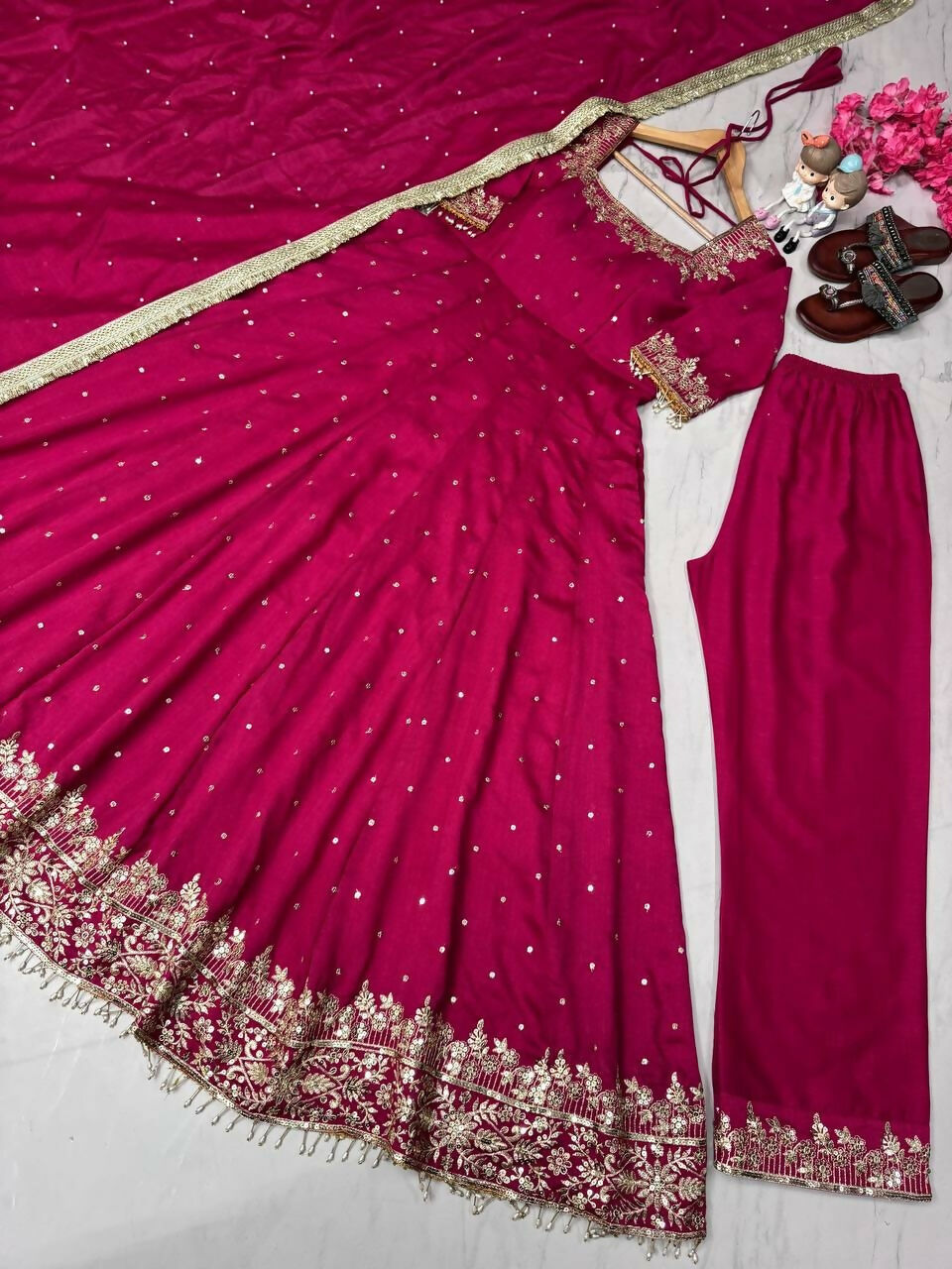 Teeya Creation Rani Color Pure Vichitra Silk Embroidery Work Party Wear Gown | Grocsy