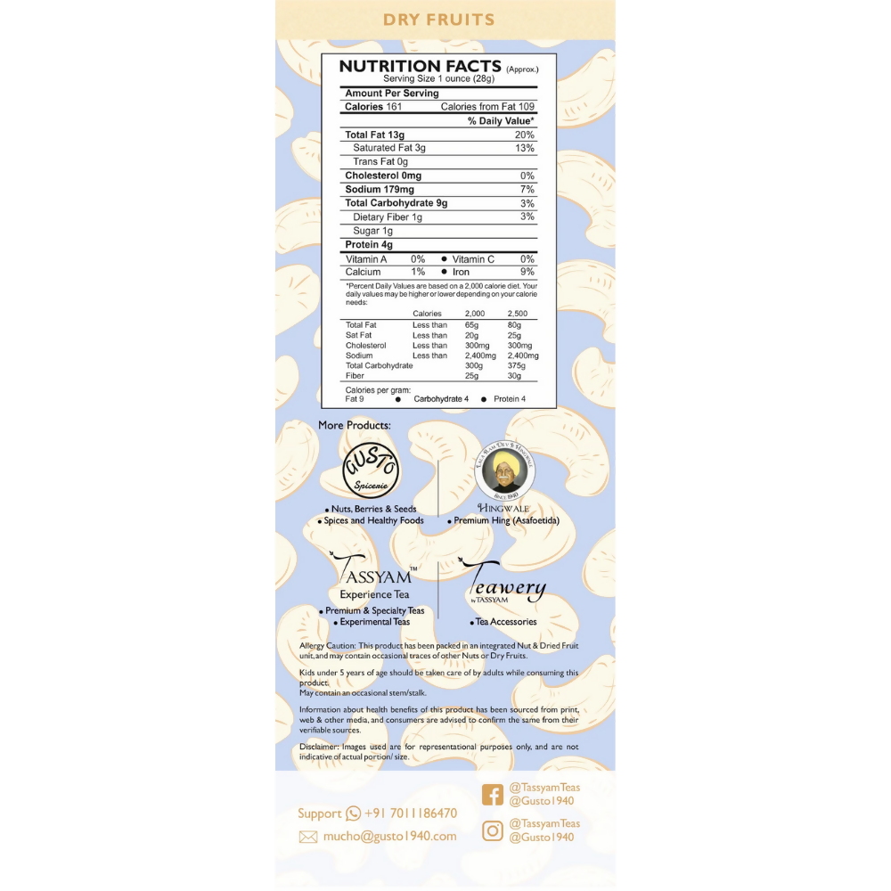 Tassyam Organics Premium Cashews w240 Grade - Pouch | Grocsy
