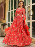 Janasya Red Georgette Floral Lehenga Choli Dupatta | Grocsy