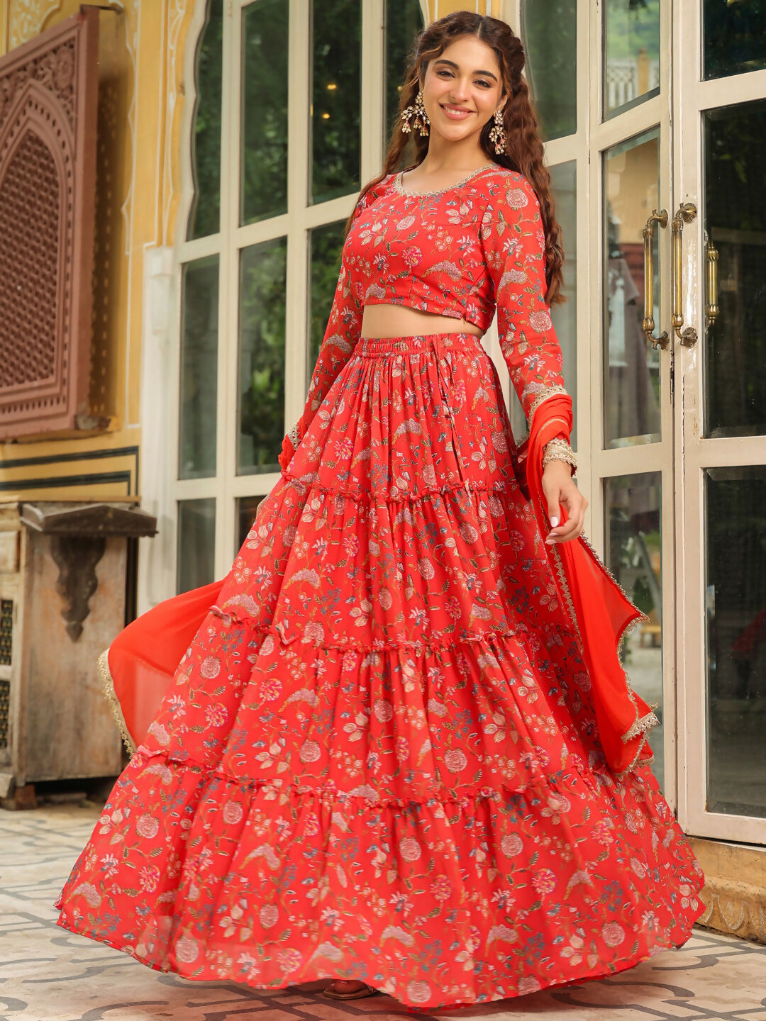 Janasya Red Georgette Floral Lehenga Choli Dupatta | Grocsy