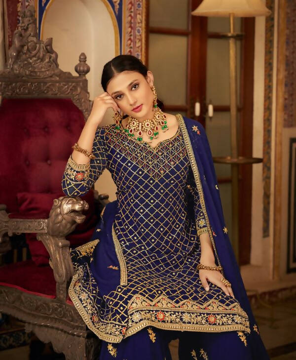 Blue Heavy Chinon Semi Stitched Kurta with Bottom & Dupatta - Dhvani | Grocsy