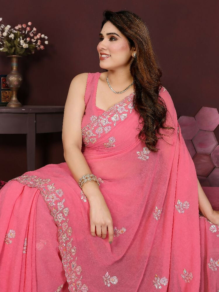 PR Fashion Gajari Georgette Embroidery Work With Embroidery Work Blouse Saree | Grocsy