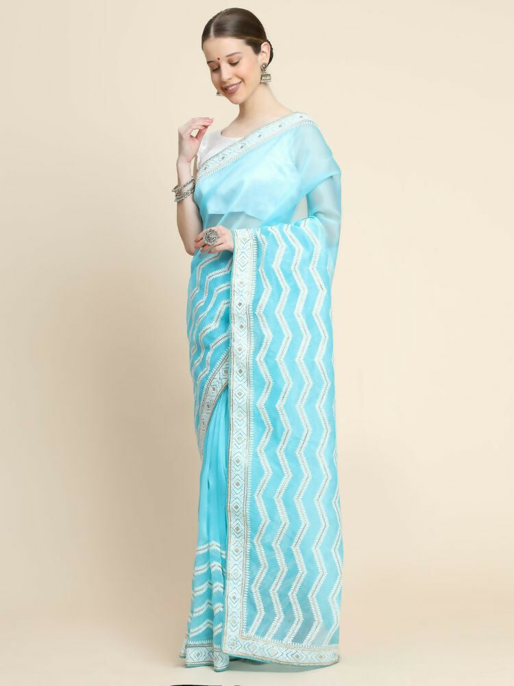 Vamsee Banno Lehriya Sky Organza Saree | Grocsy
