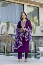 The52 Women's Gorgeous Embroidery Work Chanderi Cotton Fabric Straight Kurta Pant and Dupatta Set-Purple | Grocsy