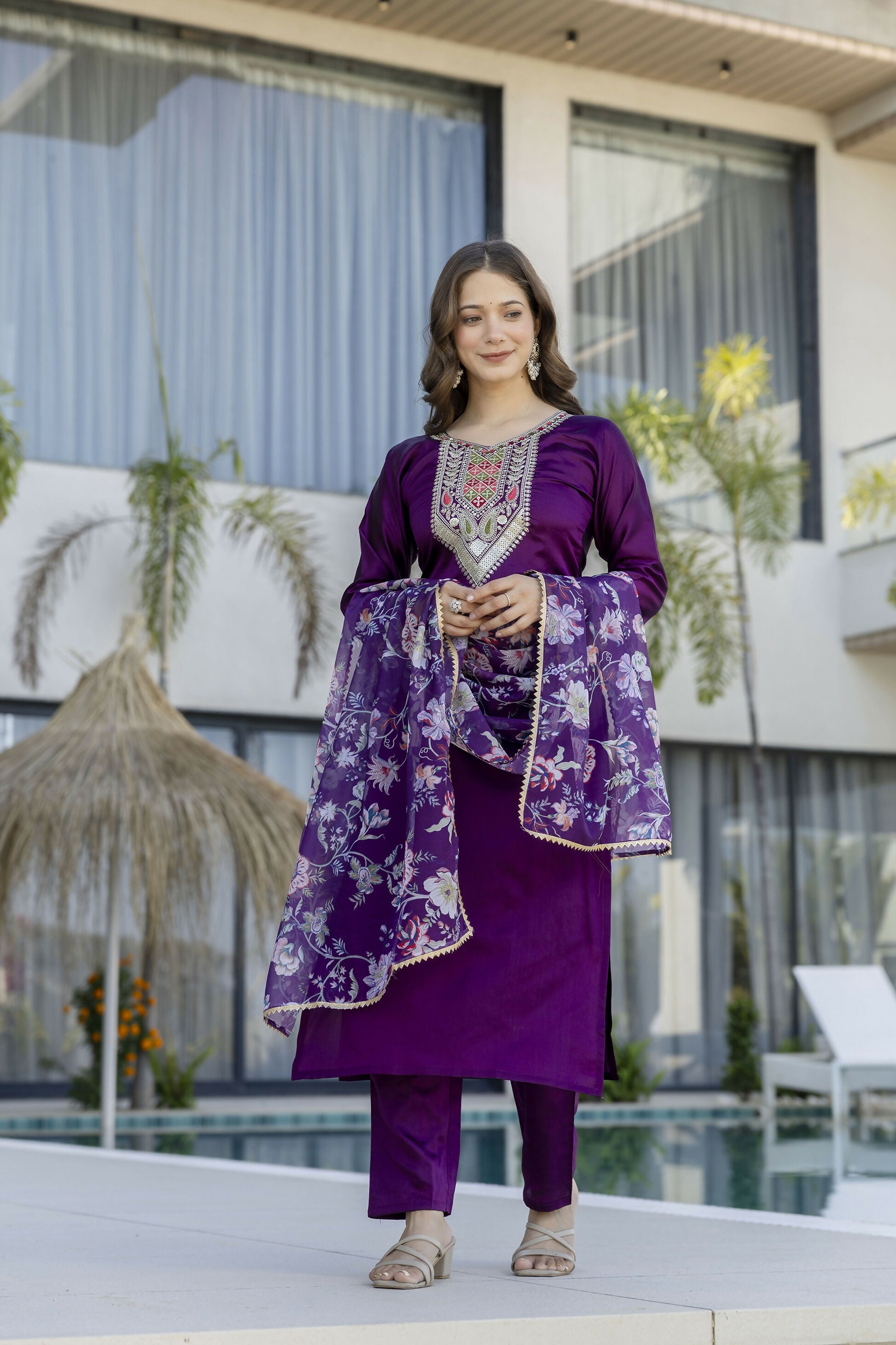 The52 Women's Gorgeous Embroidery Work Chanderi Cotton Fabric Straight Kurta Pant and Dupatta Set-Purple | Grocsy