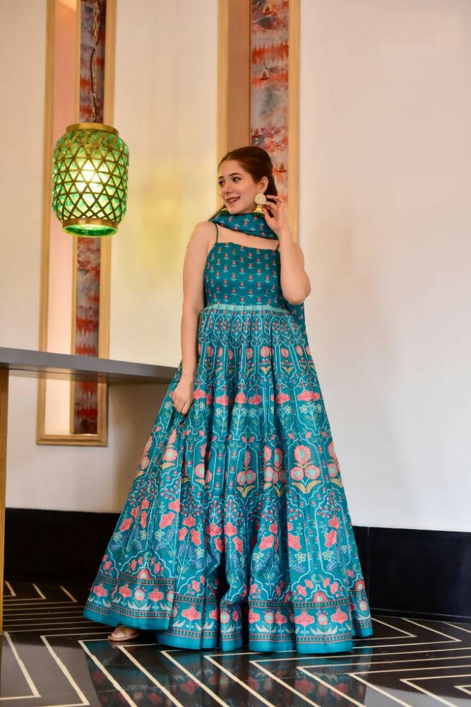 Partywear Designer Light Steel Blue Pure Maslin Gown - Anbazaar | Grocsy