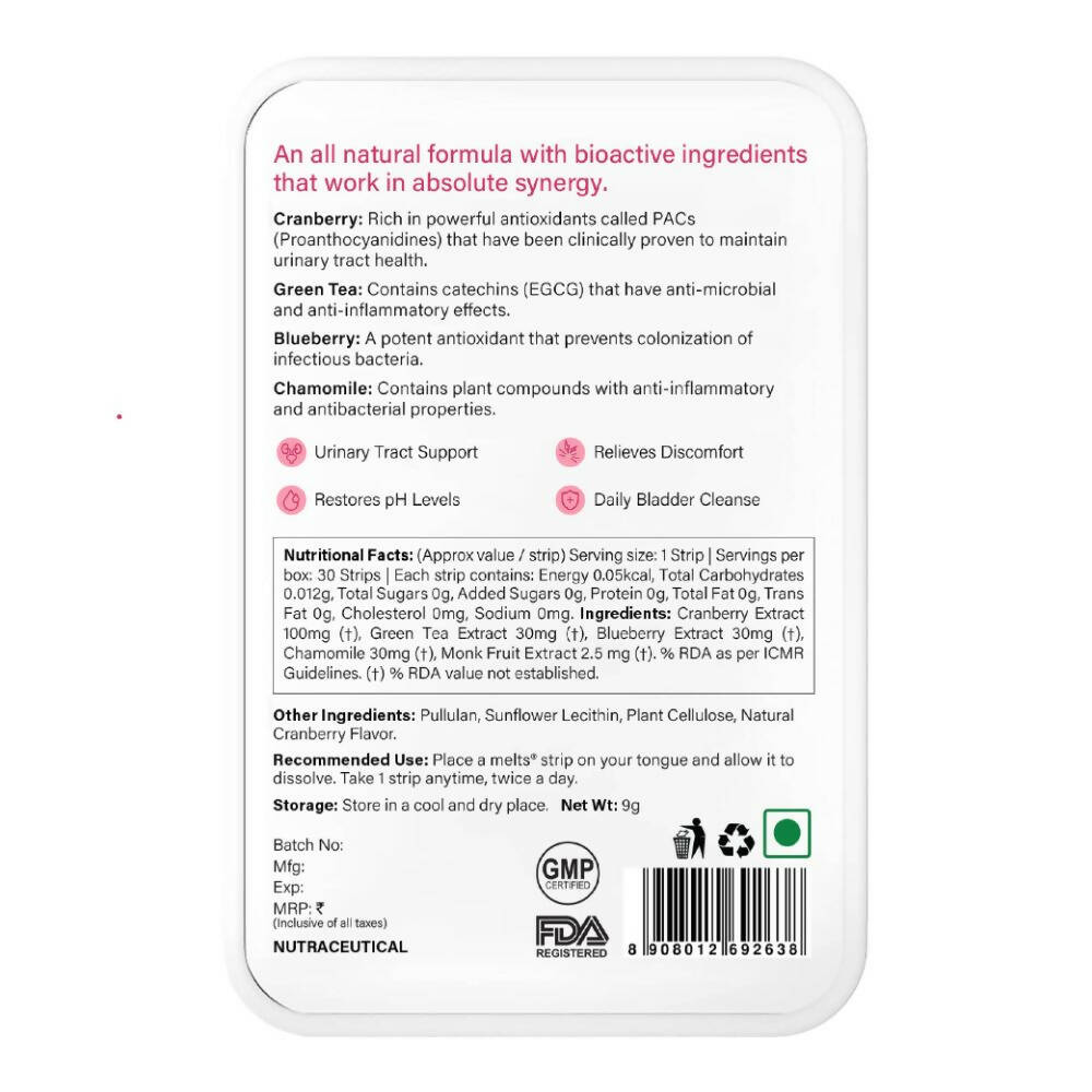 Wellbeing Nutrition Melts UTI Relief Oral Strips-Cranberry Fusion Flavor | Grocsy