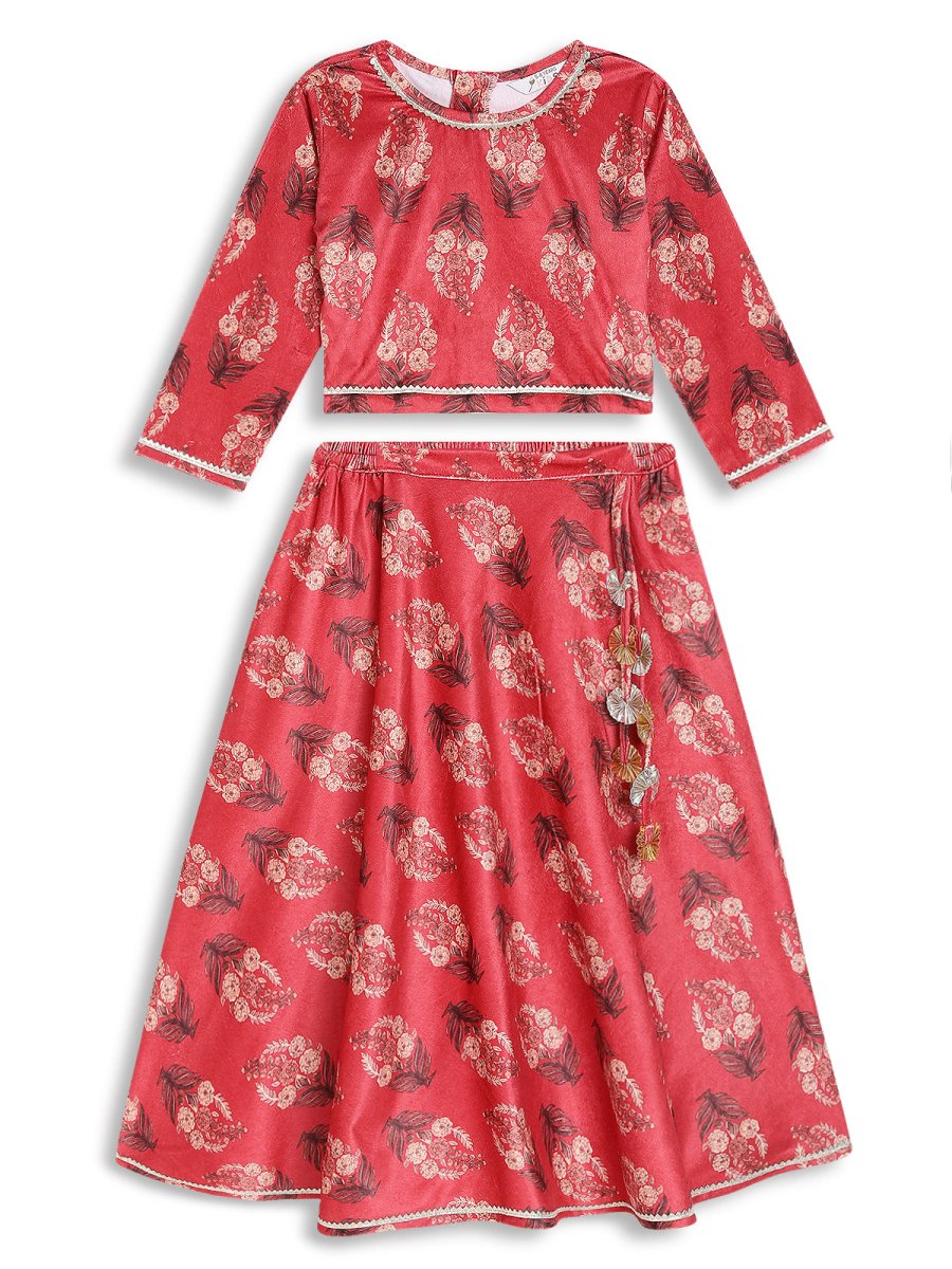 Ahalyaa Girls Floral Printed Velvet Ready to Wear Kids Lehenga Choli | Grocsy