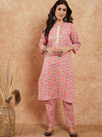 InWeave Women's Mauve Floral Jaal Gota Work Straight Kurta Pant Set | Grocsy