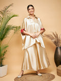 InWeave Women's Beige Red Brocade Boho Satin Top W Palazzo Set | Grocsy