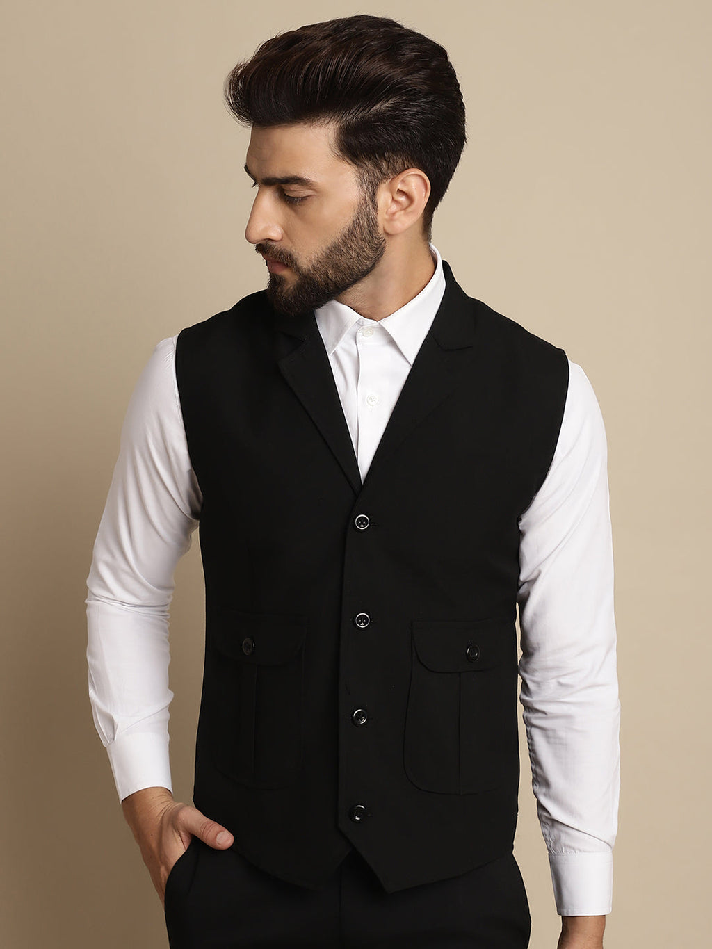 Even Apparels Men's Black Waistcoat with Notched Lapel | Grocsy