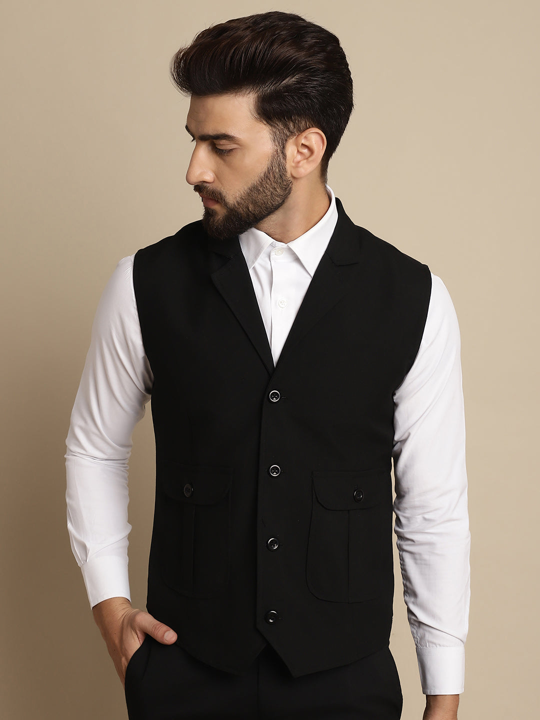 Even Apparels Men's Black Waistcoat with Notched Lapel | Grocsy