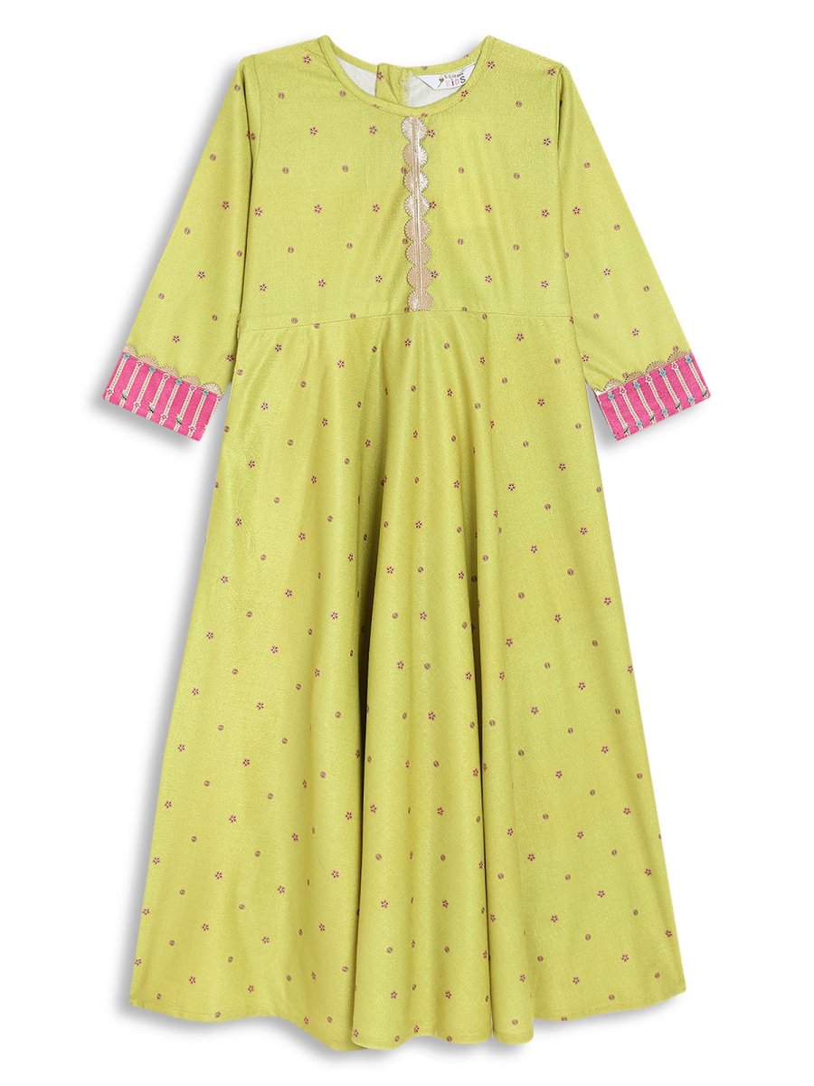 Ahalyaa Girls Printed A-Line Velvet Maxi Kids Ethnic Dress | Grocsy