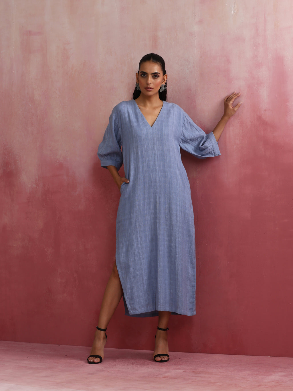 trueBrowns Sky Blue Cotton Dobby Dress | Grocsy