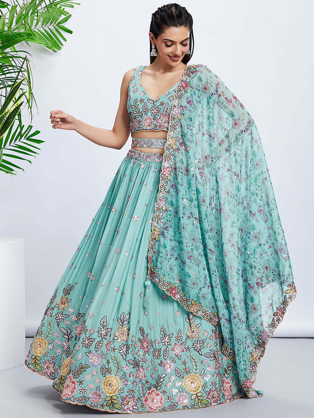 House of Panchhi Mauve Chiffon Sequins And Thread Embroidery Lehenga Choli & Dupatta | Grocsy