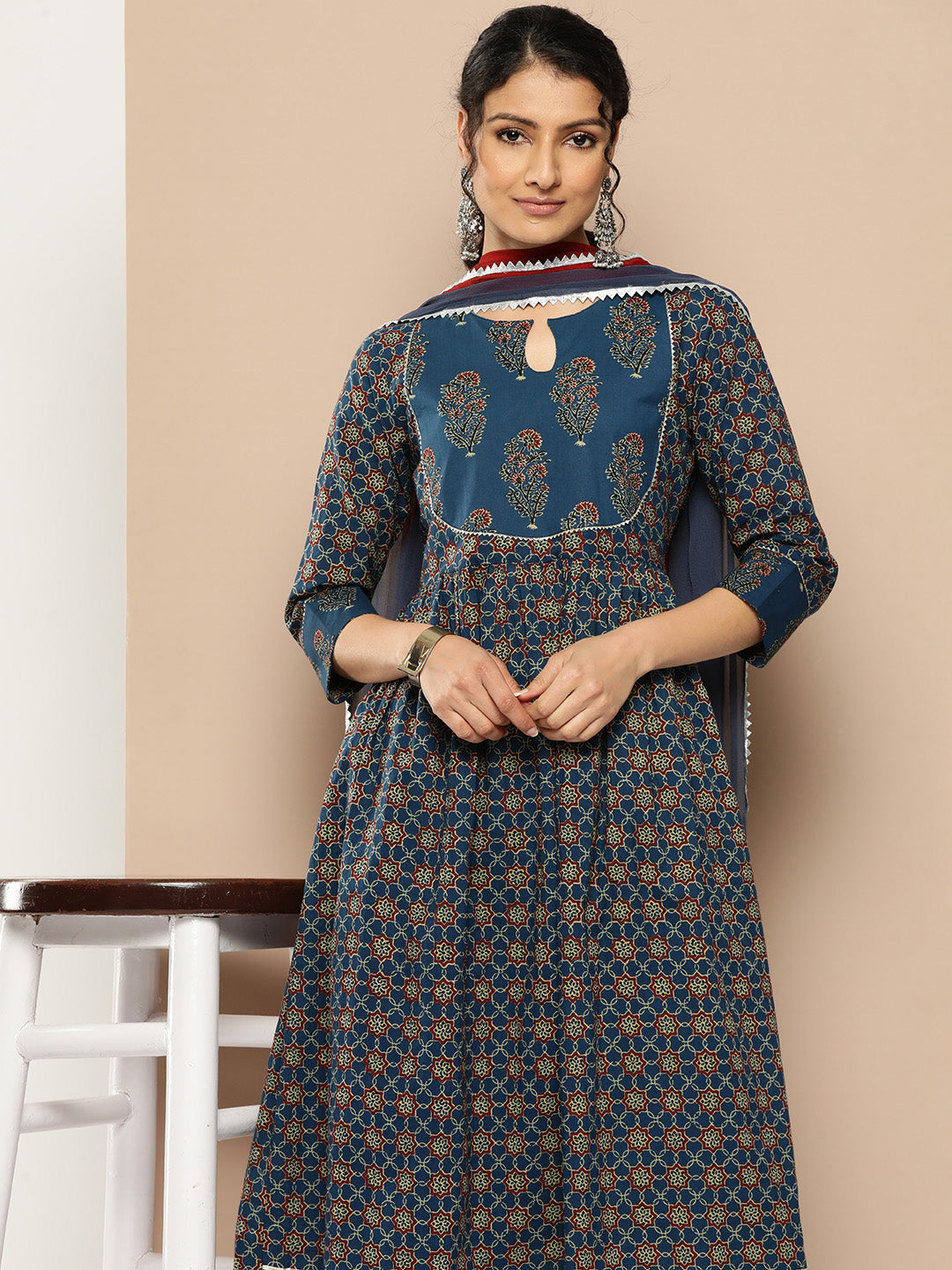 KSUT (House of Varanga) Blue And Rust Yoke Style Anarkali Paired With Printed Palazzo And Ombre Dupatta | Grocsy