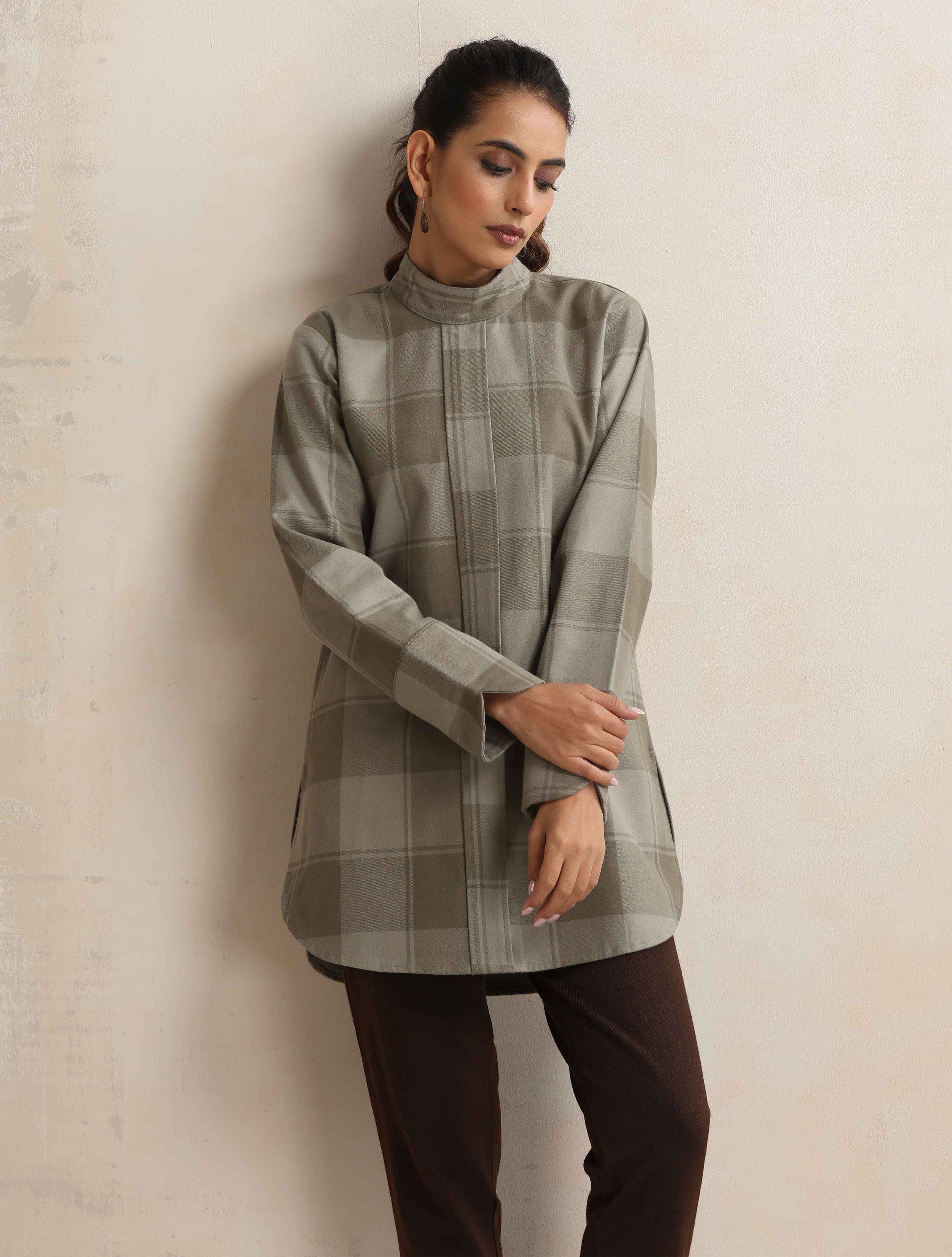 trueBrowns Green Check High Neck Winter Top | Grocsy