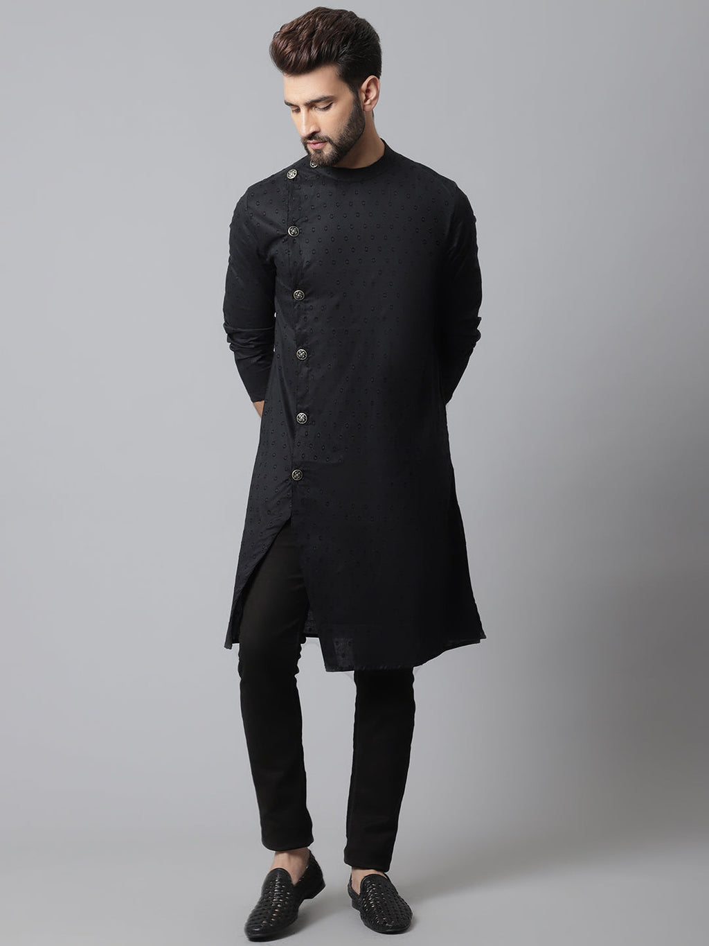 Even Apparels Black Sherwani Kurta With Asymetrical Cut | Grocsy