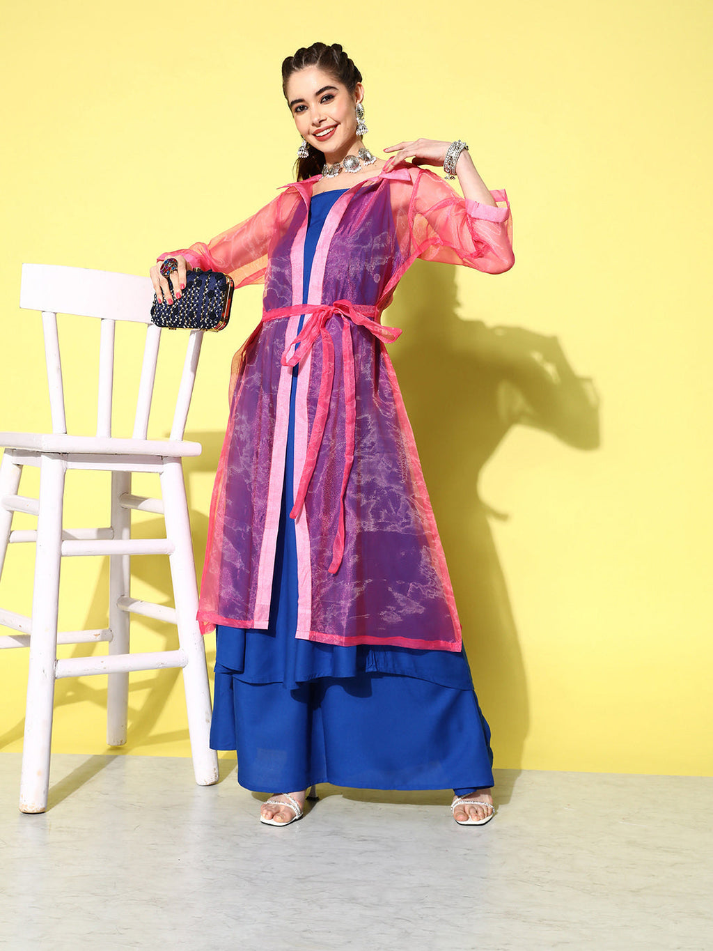 InWeave Women's Ink Blue Strappy Kurta Set With Pink Organza Cape | Grocsy