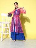 InWeave Women's Ink Blue Strappy Kurta Set With Pink Organza Cape | Grocsy