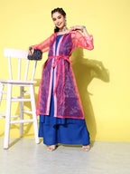 InWeave Women's Ink Blue Strappy Kurta Set With Pink Organza Cape | Grocsy