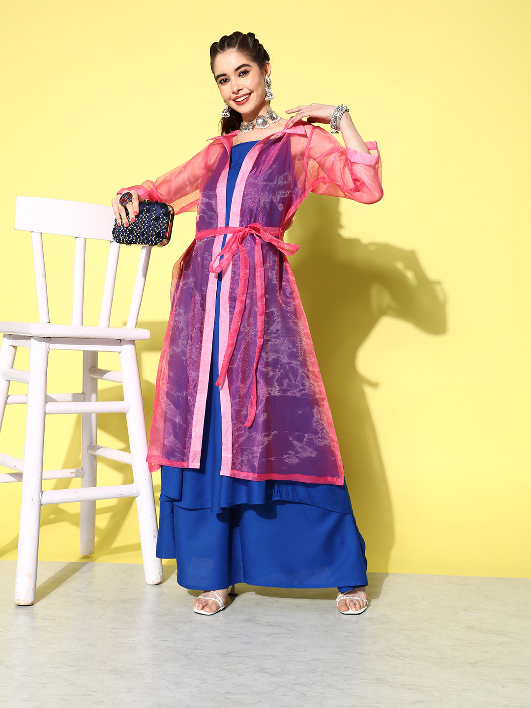 InWeave Women's Ink Blue Strappy Kurta Set With Pink Organza Cape | Grocsy