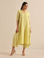 trueBrowns Spark Green Slub High Slit Kurta Pant Set | Grocsy