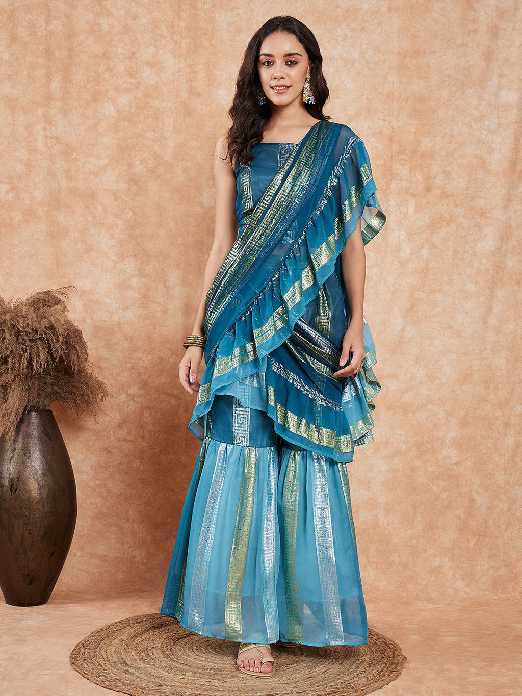 InWeave Women's Teal Shaded Lurex Frill Sharara Saree | Grocsy
