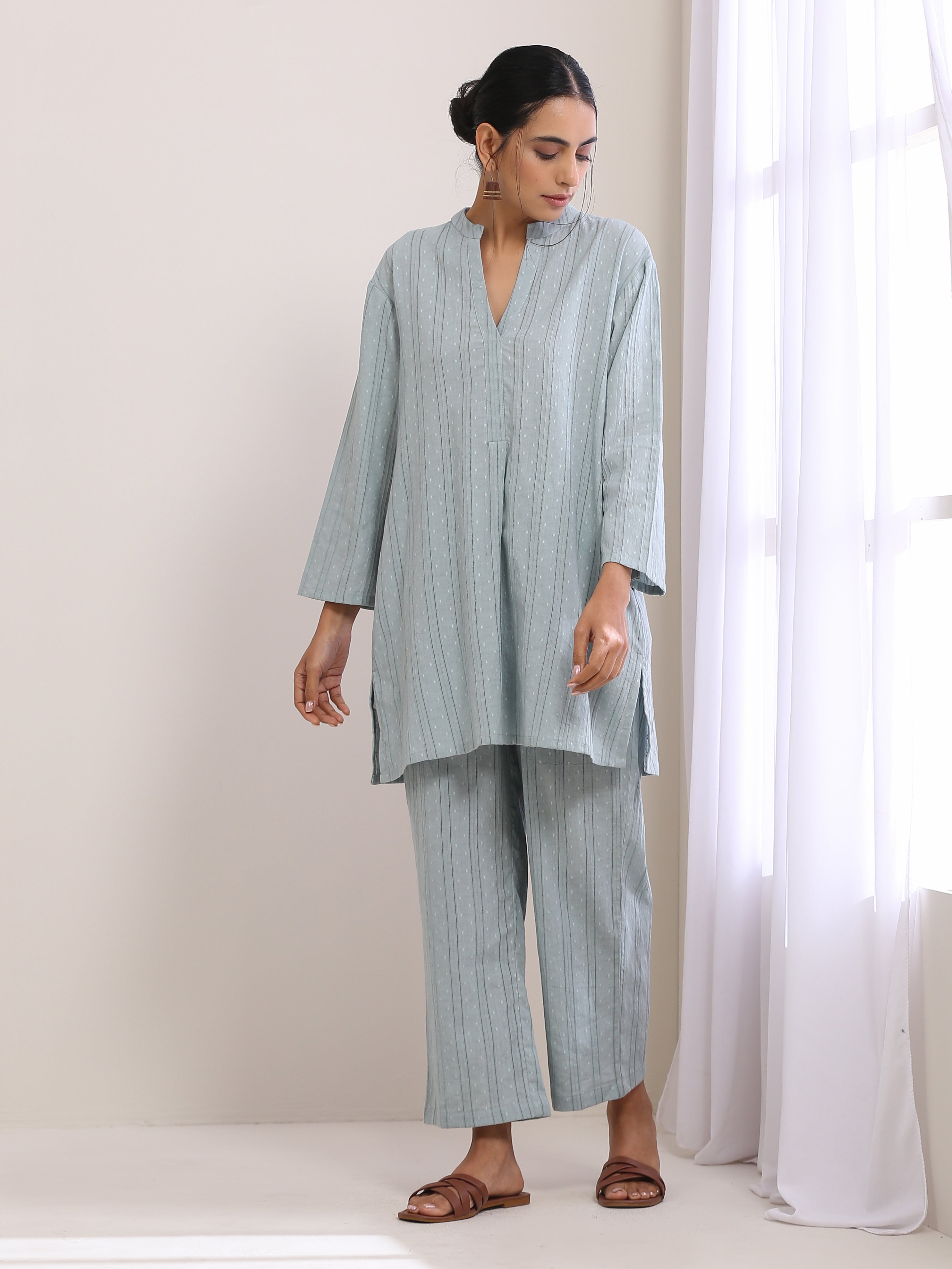 trueBrowns Eggshell Blue Dobby Relaxed Fit Co-Ord Set | Grocsy