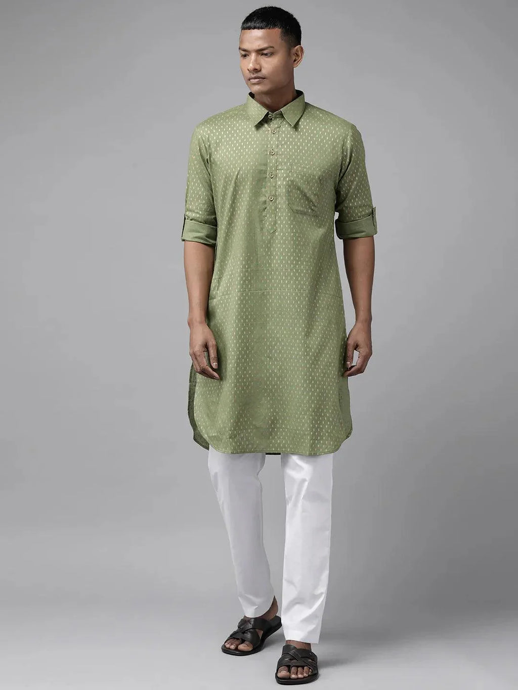 Fabmade Pure Cotton Olive Green Printed Pathani Kurta | Grocsy