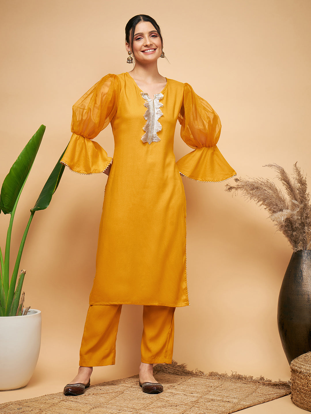 InWeave Women's Mustard Organza Sleeve Kurta Set | Grocsy
