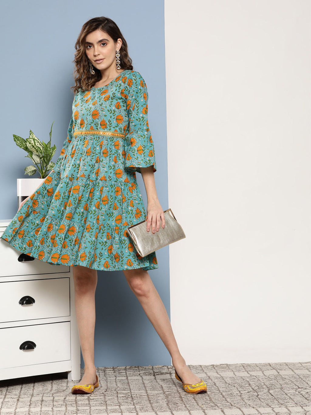InWeave Women's Blue Mustard Print Short Dress | Grocsy