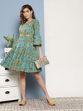 InWeave Women's Blue Mustard Print Short Dress | Grocsy