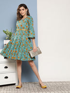 InWeave Women's Blue Mustard Print Short Dress | Grocsy