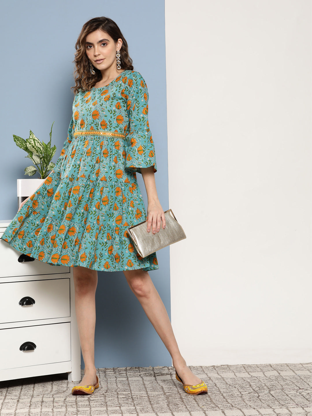 InWeave Women's Blue Mustard Print Short Dress | Grocsy