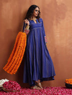 trueBrowns Blue Stripe Flared Anarkali Kurta Set | Grocsy